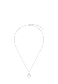 Srebrny naszyjnik łańcuszkowy z okrągłym wisiorkiem z wyraźnym wzorem kamieni szlachetnych. Regulowany zapięcie umożliwia dostosowanie do indywidualnych preferencji.