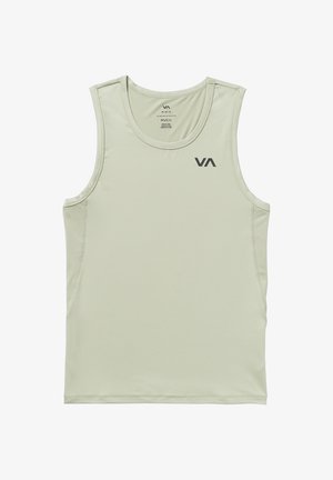 Hellgrünes, ärmelloses Tanktop aus einem glatten, dehnbaren Stoff; mit Rundhalsausschnitt und schwarzem Logo auf der Vorderseite.