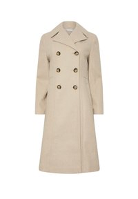 Beige wollen blend dubbelbreasted jas met grote gouden knopen, brede revers en lange mouwen. Heeft een getailleerde silhoeët en zijzakken.