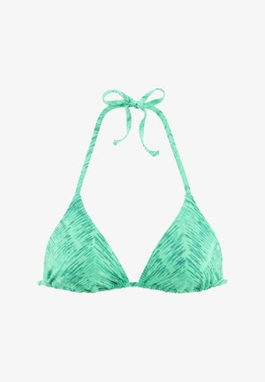 Mintgrüner Bikini-Oberteil mit dreieckiger Form, dünnen verstellbaren Trägern und einem strukturierten Muster mit dezenten dunkleren Streifen.