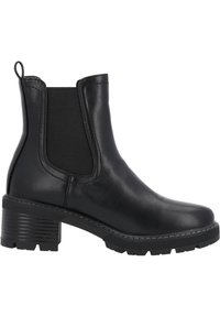 Bottine en cuir noir avec des panneaux latéraux élastiques, bout rond et un talon bloc texturé. Présente des détails de couture contrastants.