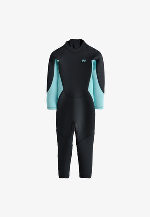 Wetsuit with long sleeves, black body and turquoise accents. Made of flexible material, featuring seamless edges and a fitted design.