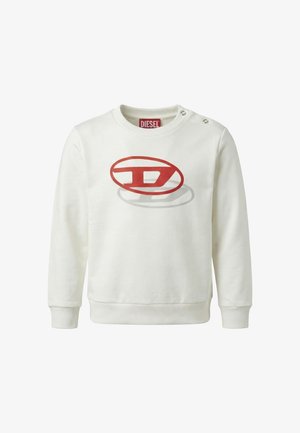 Felpa bianca in cotone, con un prominente logo Diesel rosso con ombra grigia. Girocollo e bottoni decorativi in metallo sulla spalla.