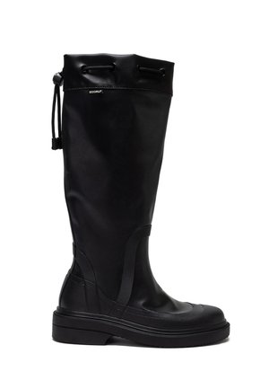 Tall black rubber rain boot with adjustable drawstring closure at the top and rugged sole, labeled Ecoalf on the upper shaft.