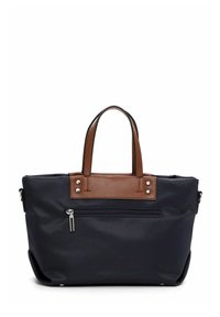 Borsa tote in tessuto blu navy con dettagli in pelle marrone, manici doppi, tasca con zip sul fronte e dettagli in metallo argentato.