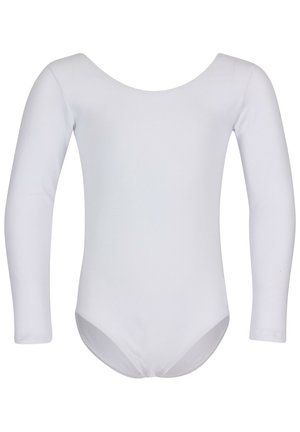 White long-sleeve leotard made of stretchy fabric with a scoop neckline and high-cut leg openings, suitable for dance or gymnastics.