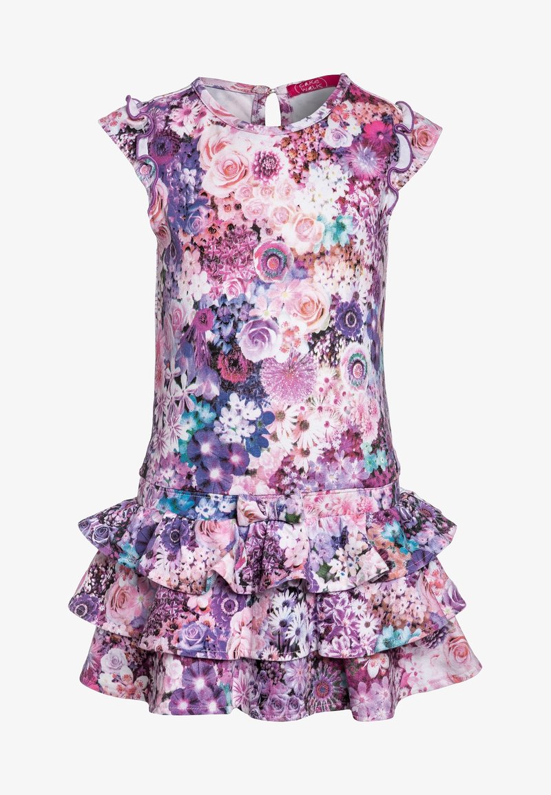 Robe sans manches à imprimé floral avec jupe à volants double couche et petit nœud à la taille dans des tons roses, violet et blanc.