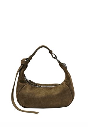 Braune Wildleder-Schultertasche mit silbernem Reißverschluss, verstellbarem Riemen und abgerundeter rechteckiger Form.