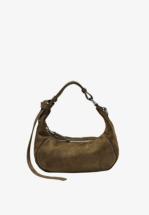 Brun skuldertaske i ruskind med sølvlynlås, justerbar rem og afrundet rektangulær form.