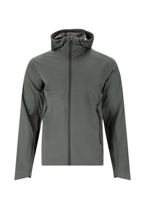 Lettet, grå jakke med lynlås foran, justerbar hætte og to sidelommer. Glat tekstur og minimalistisk design.