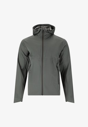 Lettet, grå jakke med lynlås foran, justerbar hætte og to sidelommer. Glat tekstur og minimalistisk design.