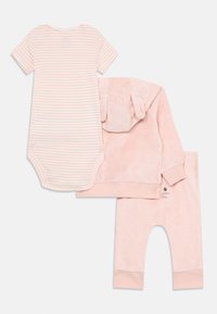 Three-piece baby outfit: striped short-sleeve bodysuit, pink fleece hoodie with bunny ears, and matching pants with a bunny face detail.