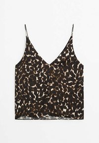 Leopard print camisole with spaghetti straps, featuring a deep V-neck and a smooth, lightweight fabric in brown and cream tones.