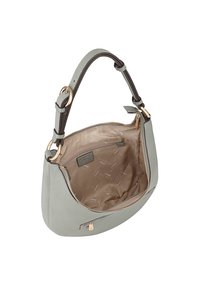 Sac à main en cuir gris clair avec une forme courbée, une bandoulière amovible et un intérieur beige arborant un motif logo subtil.