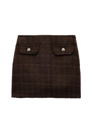 Brauner Tweed-Minirock mit zwei vorderen Taschen und silbernen Knöpfen, strukturierter Oberfläche und festem Schnitt.