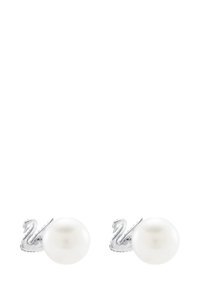 Silberne Ohrstecker in Schwanenform, jeweils mit einer großen runden weißen Perle vorne.