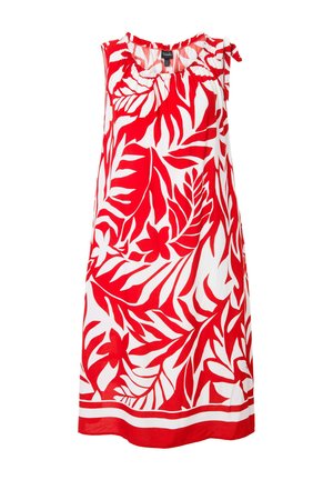 Robe sans manches rouge et blanche ornée d'un audacieux motif de feuilles tropicales, avec un col froncé et des détails de ruban noués sur les épaules.
