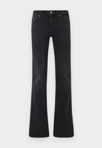 Jean noir évasé en denim, doté d'un design classique à cinq poches, d'une fermeture à bouton et de détails de couture subtils.