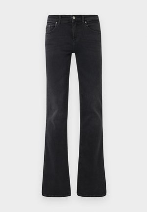 Jeans de mezclilla negros acampanados, que cuentan con un diseño clásico de cinco bolsillos, cierre de botón y detalles de costura sutiles.