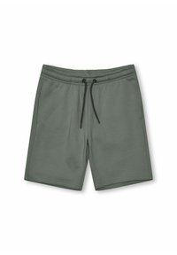 Pantaloni di cotone verdi con elastico in vita, cordino nero, tasche laterali e una texture semplice. Lunghezza fino a metà coscia.
