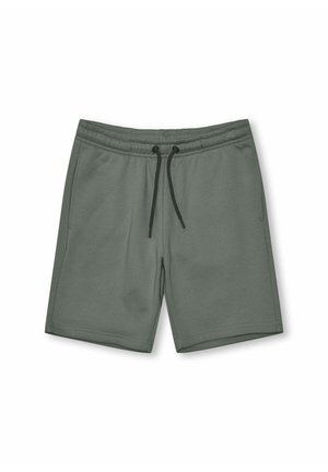 Shorts en coton verts avec une taille élastique, cordon de serrage noir, poches latérales et une texture unie. Longueur mi-cuisse.