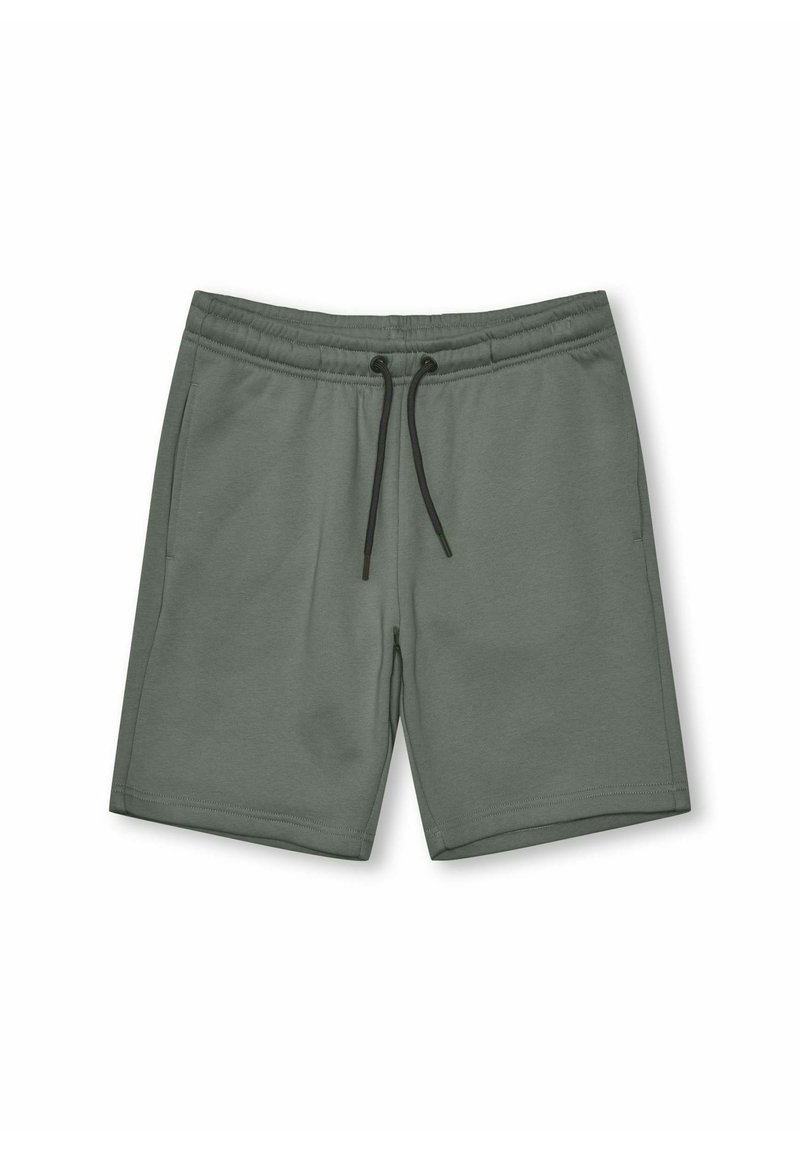 Pantaloni di cotone verdi con elastico in vita, cordino nero, tasche laterali e una texture semplice. Lunghezza fino a metà coscia.