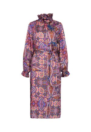 Abito a maniche lunghe in stampa paisley multicolore con colletto e polsini arricciati, vita cintrata, realizzato in tessuto morbido con una silhouette fluida.