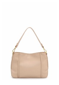 Beežist nahast õlakott kaarekujuga, millel on kaks külgõmblust ja üks ülemine käepide, mis on kinnitatud kuldse riistvaraga.