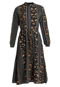 Robe midi noire avec manches longues, motif floral orange et rayures grises, col à volants et taille ajustée avec une ceinture. Tissu texturé.