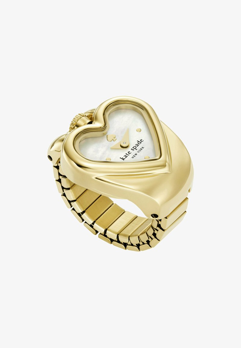Gold heart-shaped watch with a mother-of-pearl face, gold hour markers, and a linked band. Features a winding crown and brand logo.