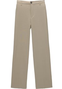 Pantaloni beige a gamba larga realizzati in tessuto morbido con chiusura a bottone, passanti per cintura e due tasche anteriori. Design con frontale piatto.