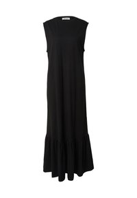 Schwarzes ärmelloses Maxikleid aus weichem Stoff, mit rundem Ausschnitt und einem ausgestellten Rüschensaum am unteren Ende.