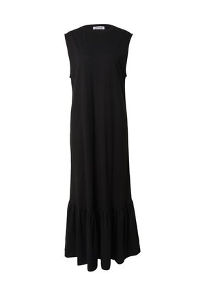 Schwarzes ärmelloses Maxikleid aus weichem Stoff, mit rundem Ausschnitt und einem ausgestellten Rüschensaum am unteren Ende.