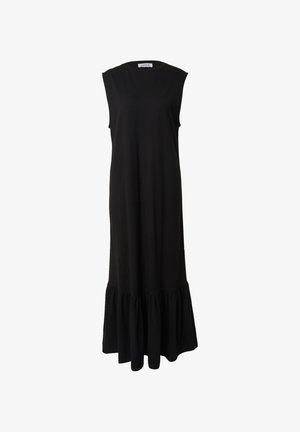 Zwart mouwloos maxi-jurk gemaakt van zachte stof, met een ronde halslijn en een uitlopende rucheszoom aan de onderkant.
