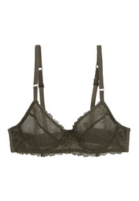 Bralette en dentelle vert olive avec des motifs floraux, soutien-gorge à armatures, bretelles ajustables et finition festonnée sur les bords. Matériau en maille léger.