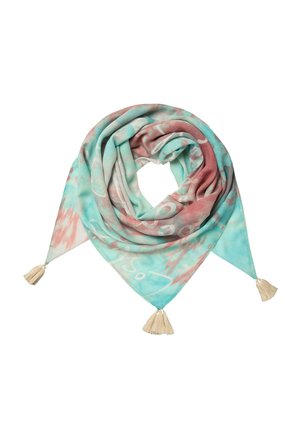 Lightweight scarf, featuring an aqua and coral abstract design, with beige tassels at each point. Soft fabric with a smooth texture.