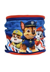 Multifunctionele nekmuts met een kleurrijk cartoonontwerp van drie honden op een blauwe achtergrond, gemaakt van zachte, rekbare stof met rode accenten.