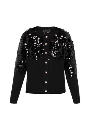 Schwarze langärmelige Strickjacke mit vorderen Knöpfen und schwarzen Pailletten, die dicht die Schultern und oberen Ärmel bedecken.