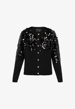Schwarze langärmelige Strickjacke mit vorderen Knöpfen und schwarzen Pailletten, die dicht die Schultern und oberen Ärmel bedecken.