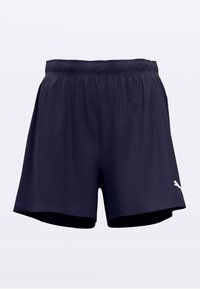 Pantaloni scurți sport albastru marin cu talie elastică, realizați dintr-un material ușor, având un mic logo alb pe partea stângă jos.