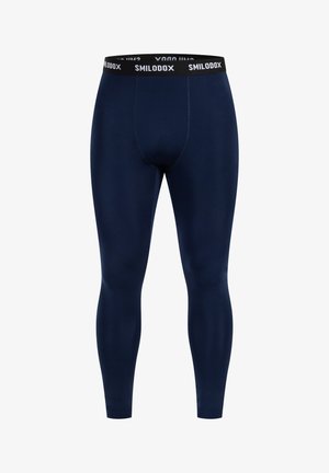 Leggings de sport bleu marine avec une texture lisse, dotés d'une ceinture élastique noire portant l'étiquette "SMILODOX". Design ajusté pour le confort.