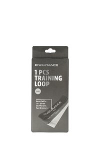 Svart förpackning för en träningsloop med hög motståndsnivå. Tydlig etikett som visar "Uthållighet" och noterar tillgänglighet i tre hårdhetsnivåer.