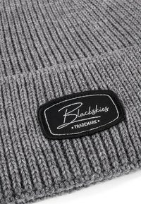 Gray knitted beanie with ribbed texture. Features a black fabric tag that includes the brand name "Blackskies" in white script.