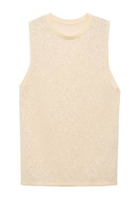 Ærmeløs beige top med et tekstureret blomstermønster, rund halsudskæring og tætsiddende pasform. Kanter er afsluttet med en matchende kant.
