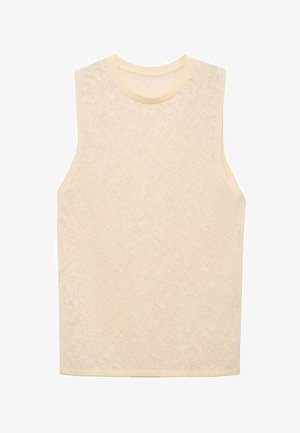 Top bej fără mâneci cu un model floral texturat, decolteu rotund și croială ajustată. Marginea este finisată cu o garnitură asortată.