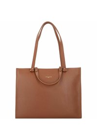 Sac fourre-tout en cuir marron avec une surface texturée, des poignées doubles et un design minimaliste. Présente des détails de logo discrets au centre supérieur.