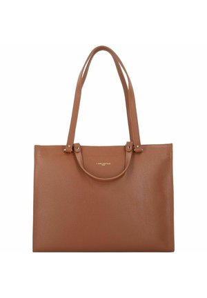 Borsa tote in pelle marrone con superficie texturizzata, doppio manico e design minimalista. Presenta un sottile logo dettagliato al centro in alto.