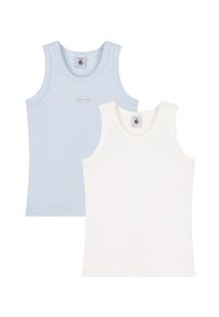 Two tank tops: one light blue with white stripes and a logo, the other solid white. Both have wide straps and a soft cotton texture.