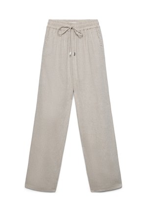 Hellbeige, weit geschnittene Hose mit elastischem Bund und Kordelzug aus weichem, strukturiertem Stoff.