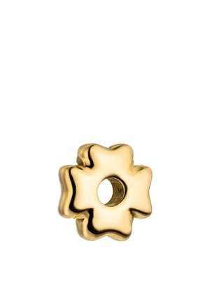 Glänzende goldene Metallperle in Form einer sechspetaligen Blume mit glatter Oberfläche und rundem Loch in der Mitte.